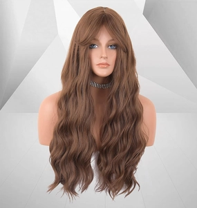 LANOVA Brown Wig with Bangs, Brunette Wig with Bangs, Honey Brown Synthetic Curly Wigs for Women, Long Brown Wigs with Fringe, Loose Curly Wig 26 inch