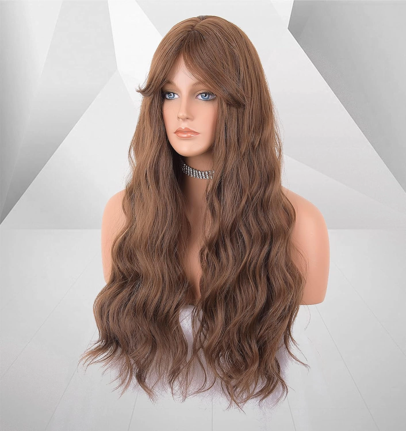 LANOVA Brown Wig with Bangs, Brunette Wig with Bangs, Honey Brown Synthetic Curly Wigs for Women, Long Brown Wigs with Fringe, Loose Curly Wig 26 inch