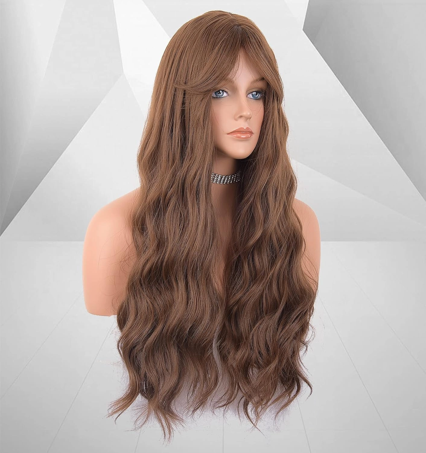 LANOVA Brown Wig with Bangs, Brunette Wig with Bangs, Honey Brown Synthetic Curly Wigs for Women, Long Brown Wigs with Fringe, Loose Curly Wig 26 inch