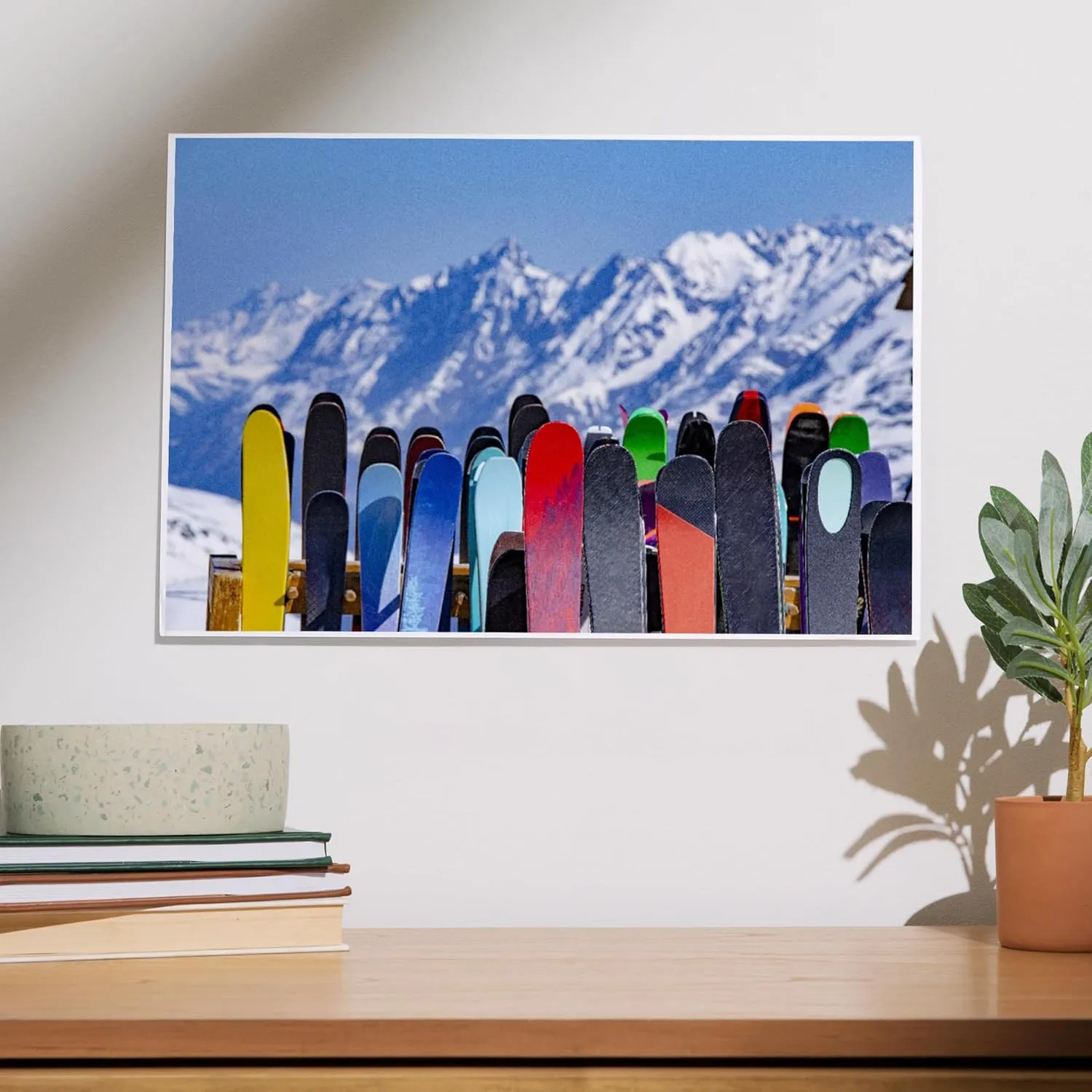 Lantern Press 12x18 Inch Art Print Wall Decor, Full Ski Rack and Snowy Mountain Range