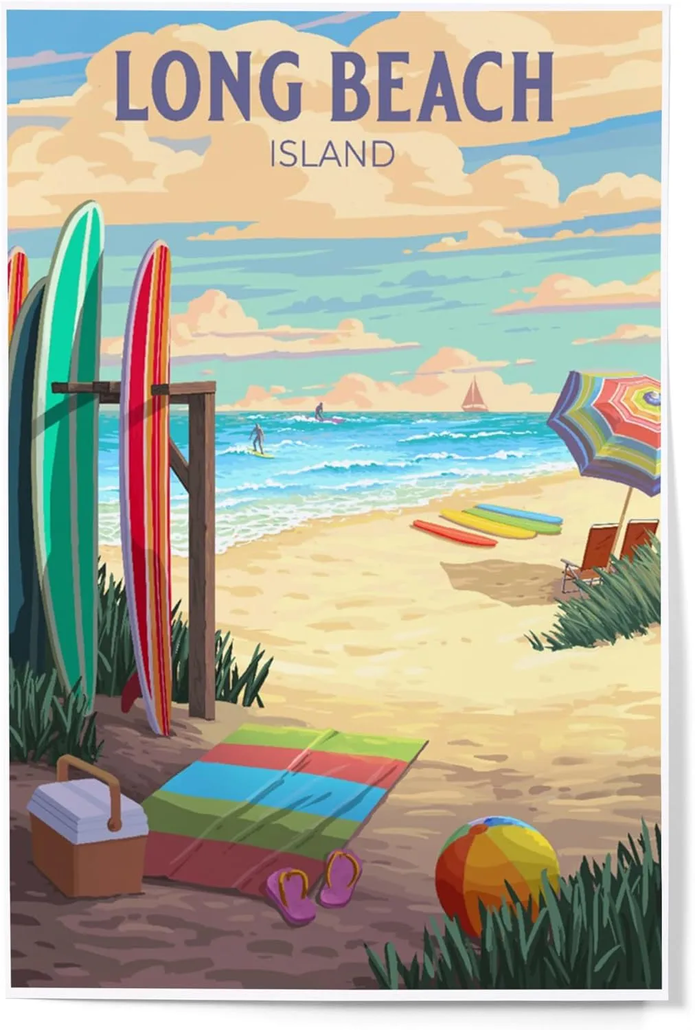 Lantern Press 12x18 Inch Art Print Wall Decor, Long Beach Island, New Jersey, Surfing Beach Activities