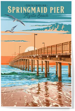 Lantern Press 12x18 Inch Art Print Wall Decor, Myrtle Beach, South Carolina, Painterly, Springmaid Pier