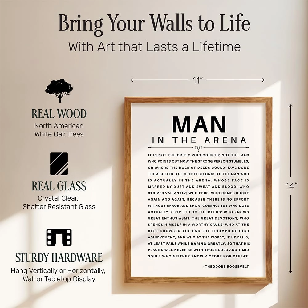 LARGE 11X14 FRAMED - Man in the Arena - Inspirational Quotes - Teddy Roosevelt Poster - Motivational Gifts for Men, Teen Boys Entrepreneur - Office, Living Room, Bedroom Wall Art Decor, Daring Greatly