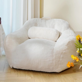 Large Bean Bag Chairs for Adults, Faux Fur Fabric Giant Bean Bag Chair with Pillow, Soft Bean Bag Sofa Chair with Ergonomic Support, Beige Plush Lazy Sofa, White