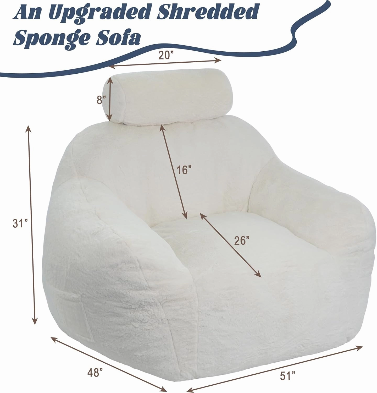 Large Bean Bag Chairs for Adults, Faux Fur Fabric Giant Bean Bag Chair with Pillow, Soft Bean Bag Sofa Chair with Ergonomic Support, Beige Plush Lazy Sofa, White