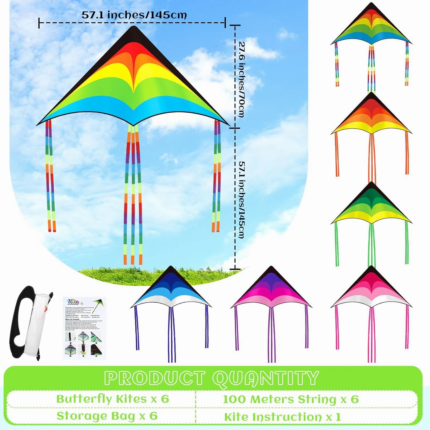 Large Delta Kites for Adults Easy to Fly 57.1 Inch with 328.1 ft String Rainbow Beach Delta Kites for Beginner Outdoor Supplies(Classic)