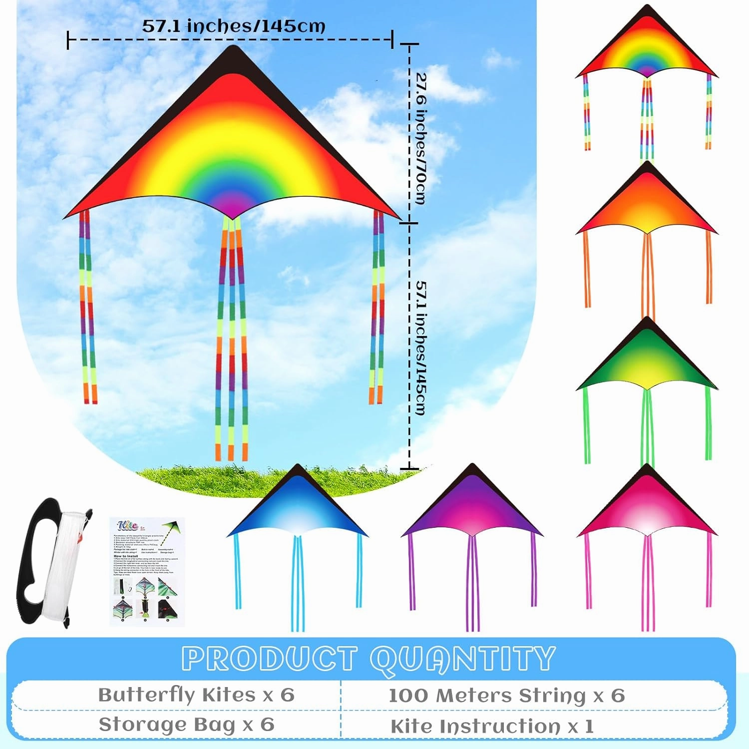 Large Delta Kites for Adults Easy to Fly 57.1 Inch with 328.1 ft String Rainbow Beach Delta Kites for Beginner Outdoor Supplies(Novel)