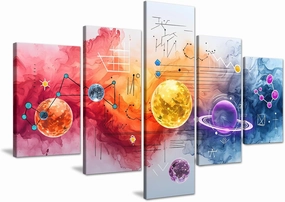 Large Space Themed Wall Art - Set of 5 Colorful Planet Canvas Painting Vibrant Galaxy Wall Decor, Abstract Universe Artwork Modern Cosmic Poster for Living Room Bedroom Home Office, Framed 60"x40"