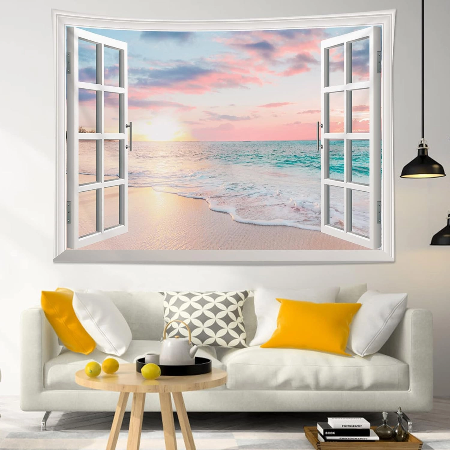 LB Ocean Tapestry Wall Hanging Sea Beach Sunset Wall Tapestry White Window Pink Sky Landscape Tapestries for Bedroom Living Room Dorm Home Wall Decor 92.5x70.9 Inches