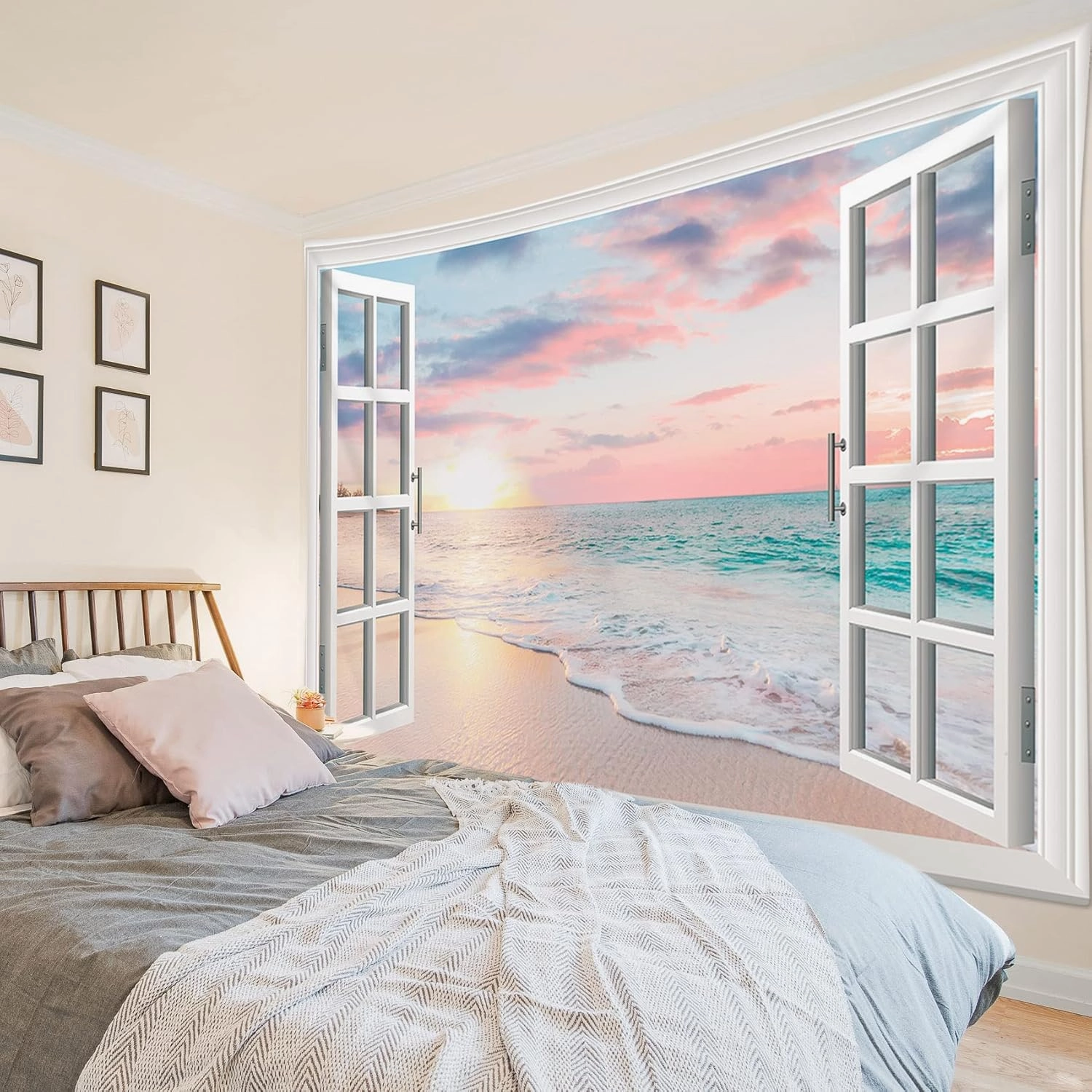LB Ocean Tapestry Wall Hanging Sea Beach Sunset Wall Tapestry White Window Pink Sky Landscape Tapestries for Bedroom Living Room Dorm Home Wall Decor 92.5x70.9 Inches