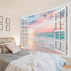 LB Ocean Tapestry Wall Hanging Sea Beach Sunset Wall Tapestry White Window Pink Sky Landscape Tapestries for Bedroom Living Room Dorm Home Wall Decor 92.5x70.9 Inches