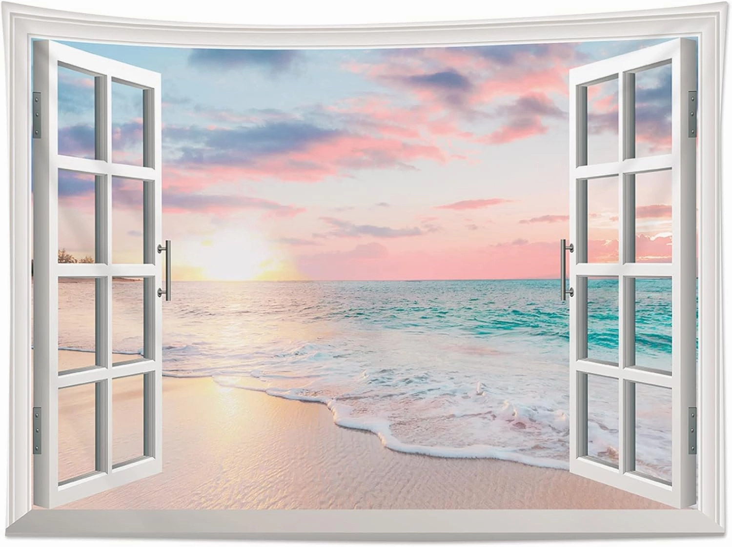 LB Ocean Tapestry Wall Hanging Sea Beach Sunset Wall Tapestry White Window Pink Sky Landscape Tapestries for Bedroom Living Room Dorm Home Wall Decor 92.5x70.9 Inches