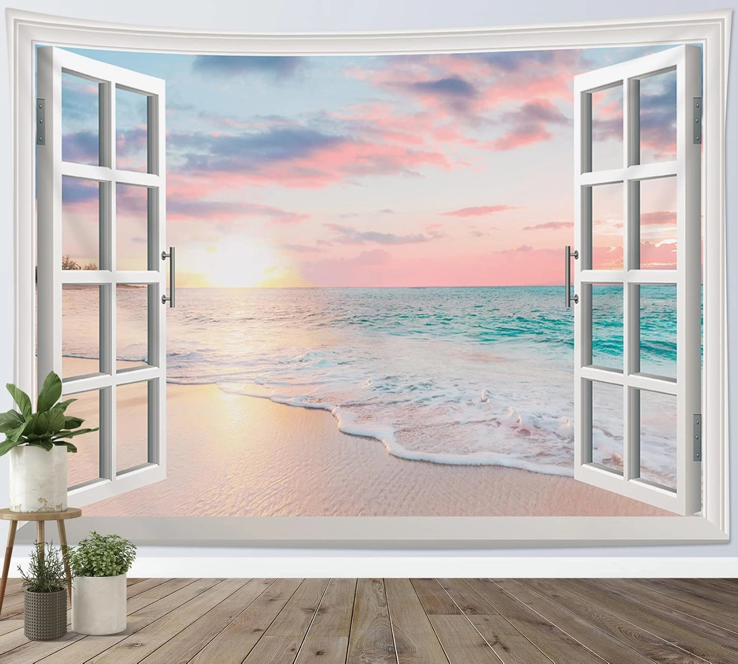 LB Ocean Tapestry Wall Hanging Sea Beach Sunset Wall Tapestry White Window Pink Sky Landscape Tapestries for Bedroom Living Room Dorm Home Wall Decor 92.5x70.9 Inches