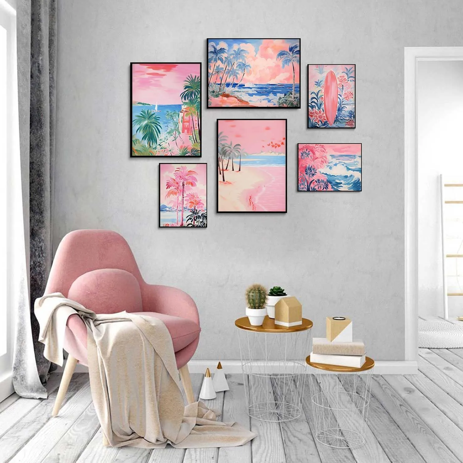 LBARTXY Beach Prints Wall Art Set of 6, Summer Pink Coastal Wall Decor Pictures Beachy Room Decor Aesthetic Preppy Surf Palm Tree Posters for Teen Girls Dorm Decoration, Unframed