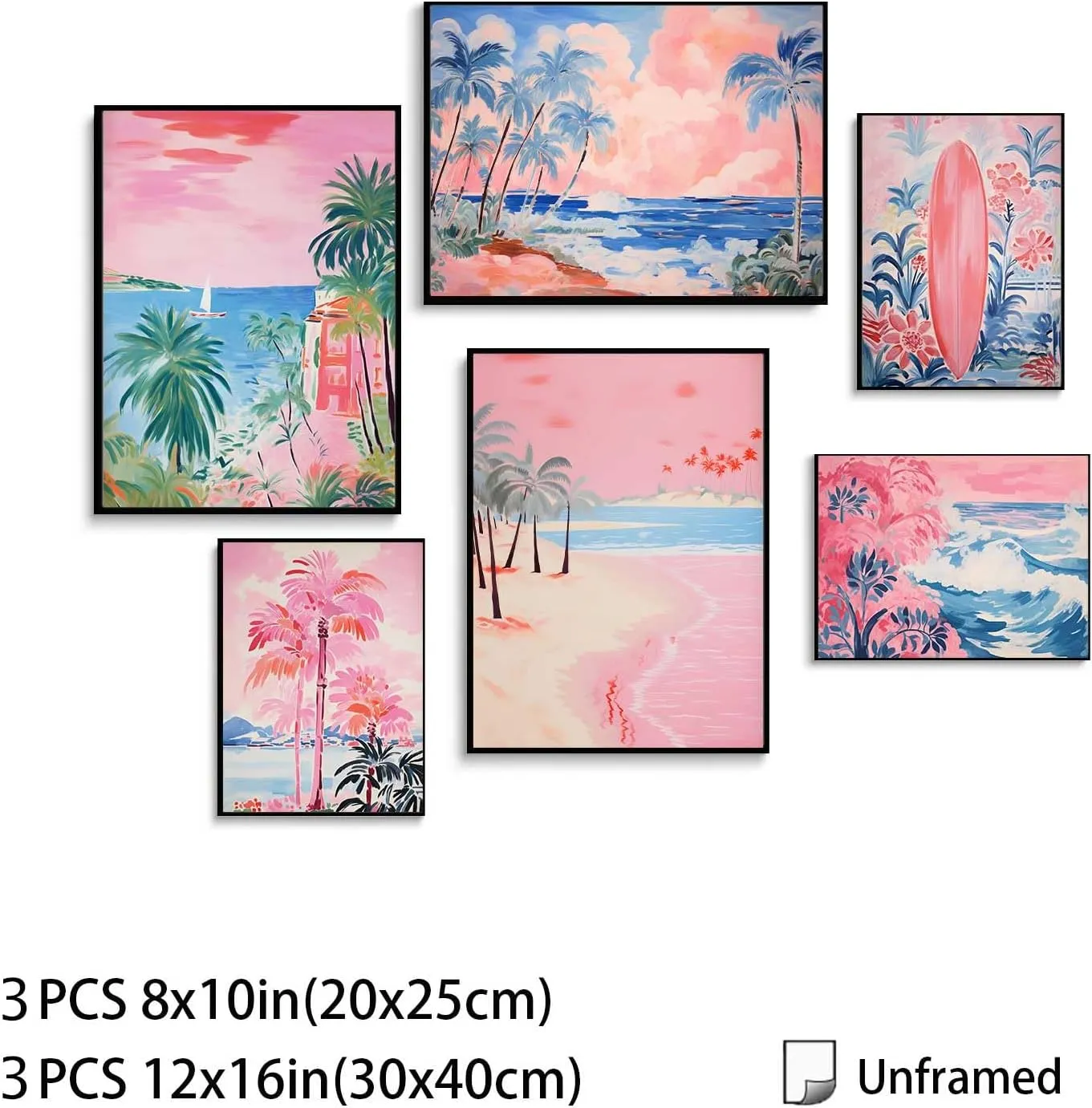 LBARTXY Beach Prints Wall Art Set of 6, Summer Pink Coastal Wall Decor Pictures Beachy Room Decor Aesthetic Preppy Surf Palm Tree Posters for Teen Girls Dorm Decoration, Unframed