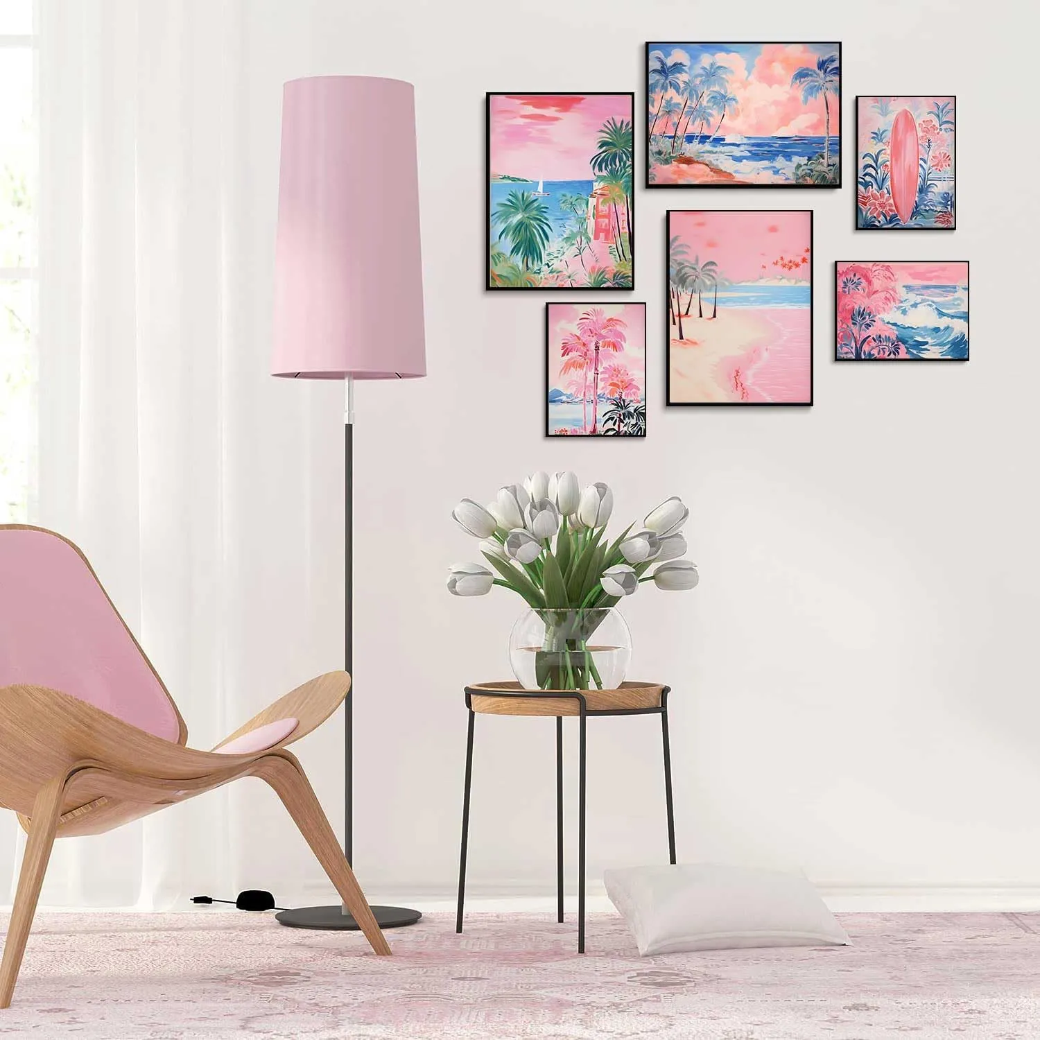LBARTXY Beach Prints Wall Art Set of 6, Summer Pink Coastal Wall Decor Pictures Beachy Room Decor Aesthetic Preppy Surf Palm Tree Posters for Teen Girls Dorm Decoration, Unframed