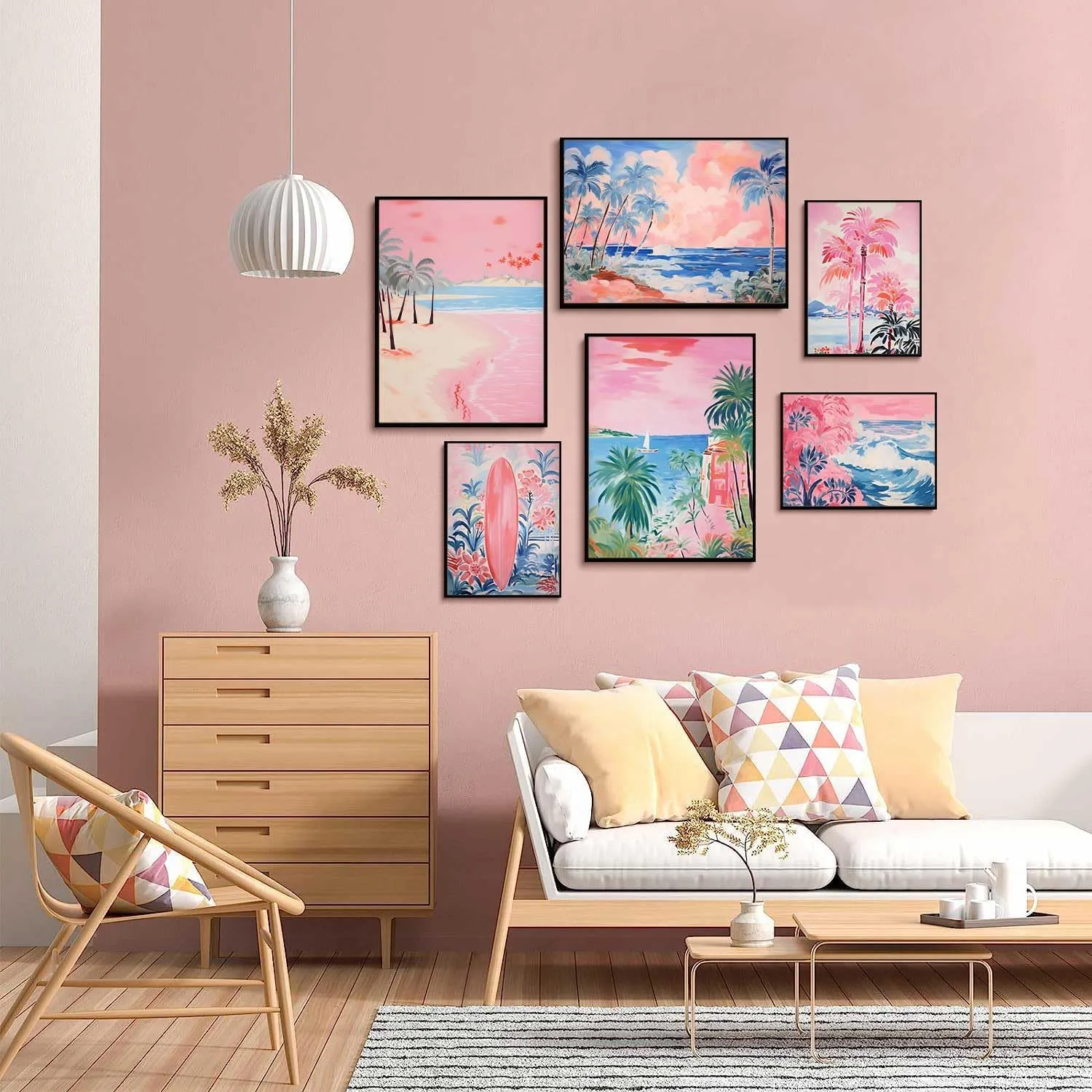 LBARTXY Beach Prints Wall Art Set of 6, Summer Pink Coastal Wall Decor Pictures Beachy Room Decor Aesthetic Preppy Surf Palm Tree Posters for Teen Girls Dorm Decoration, Unframed