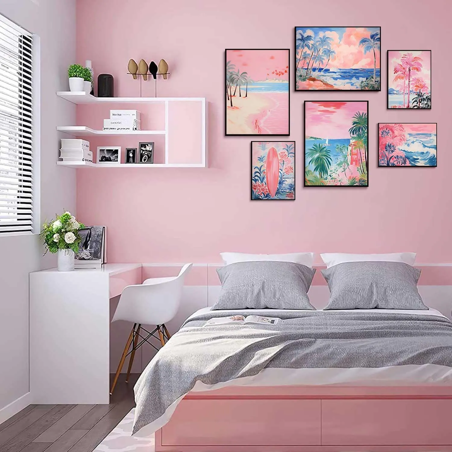 LBARTXY Beach Prints Wall Art Set of 6, Summer Pink Coastal Wall Decor Pictures Beachy Room Decor Aesthetic Preppy Surf Palm Tree Posters for Teen Girls Dorm Decoration, Unframed
