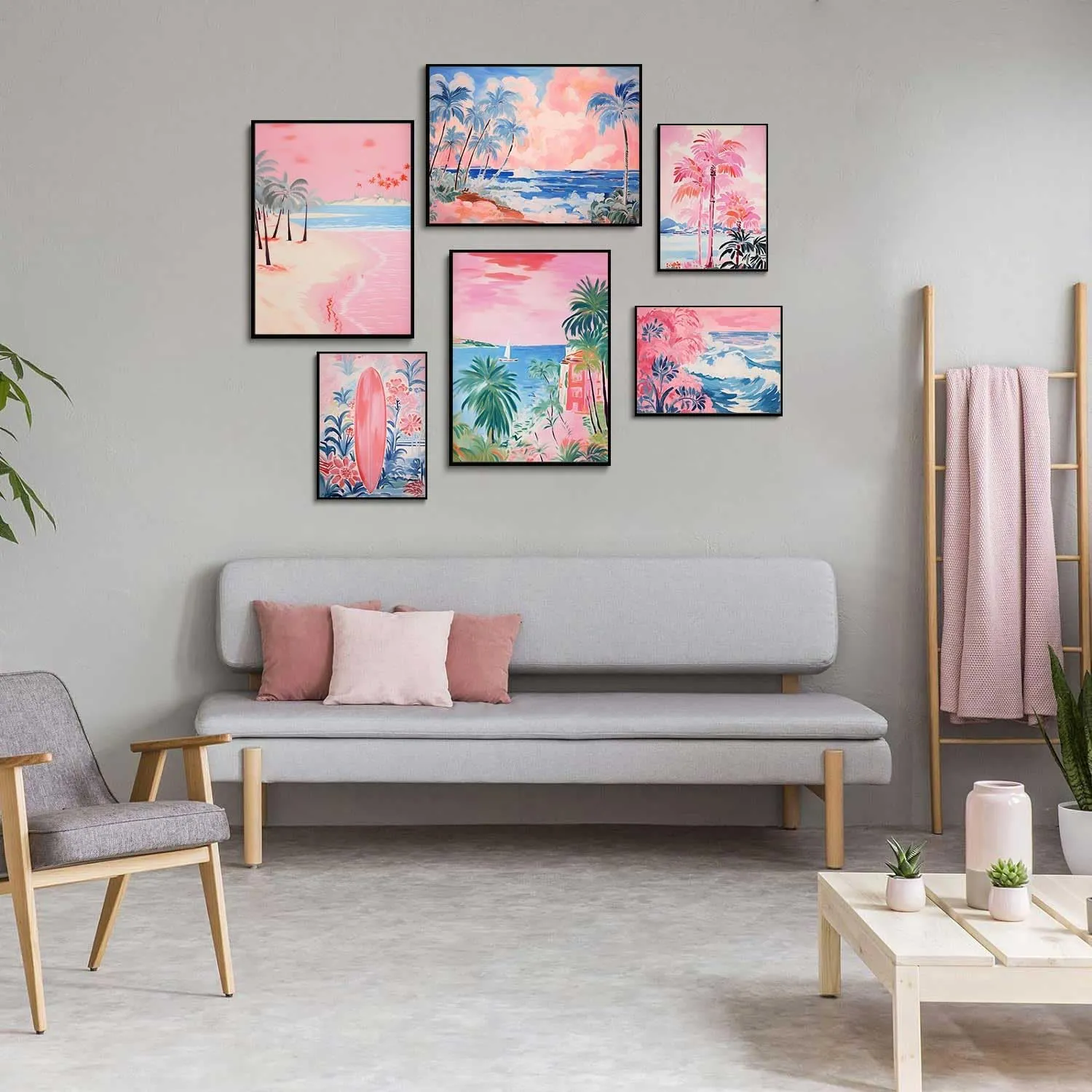 LBARTXY Beach Prints Wall Art Set of 6, Summer Pink Coastal Wall Decor Pictures Beachy Room Decor Aesthetic Preppy Surf Palm Tree Posters for Teen Girls Dorm Decoration, Unframed