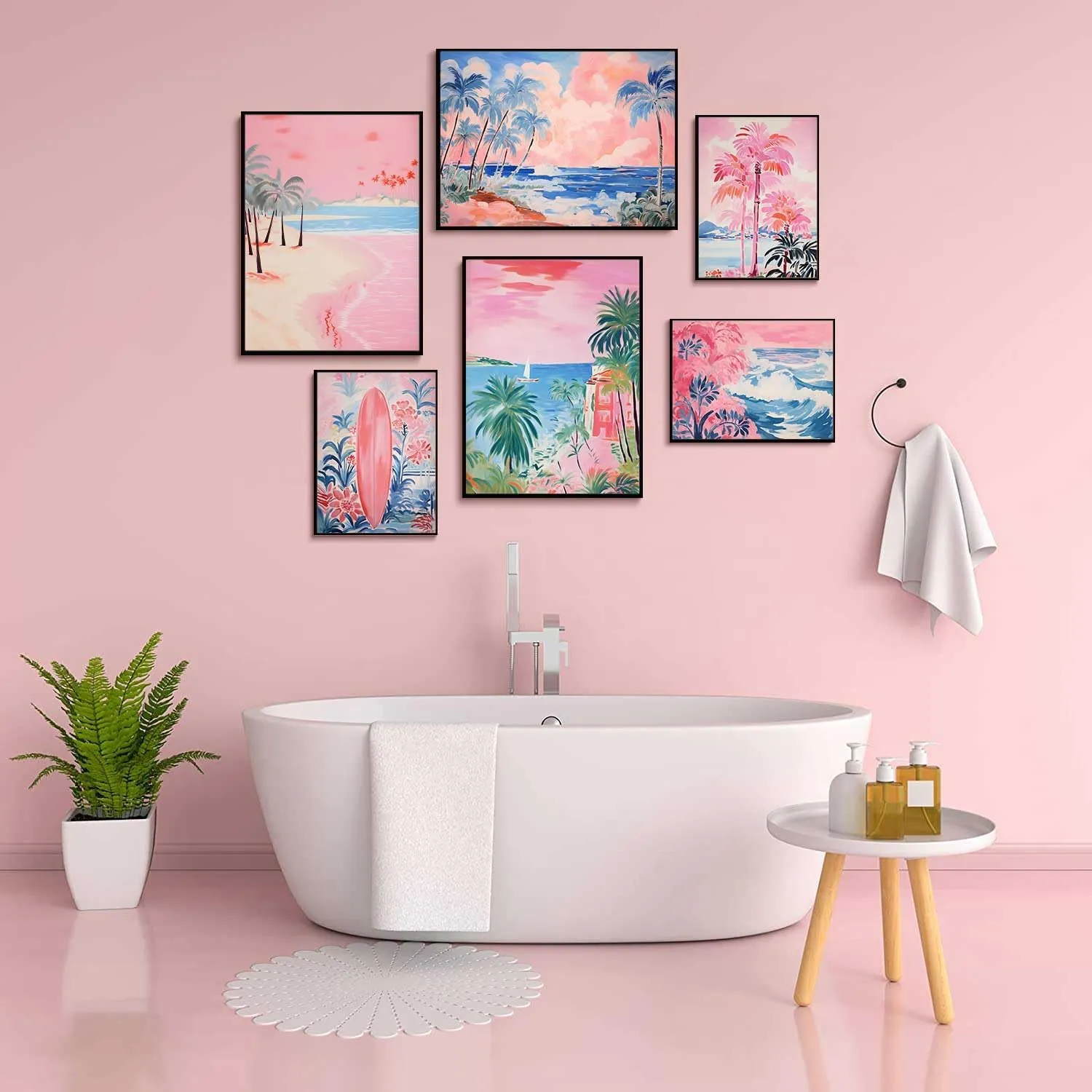 LBARTXY Beach Prints Wall Art Set of 6, Summer Pink Coastal Wall Decor Pictures Beachy Room Decor Aesthetic Preppy Surf Palm Tree Posters for Teen Girls Dorm Decoration, Unframed