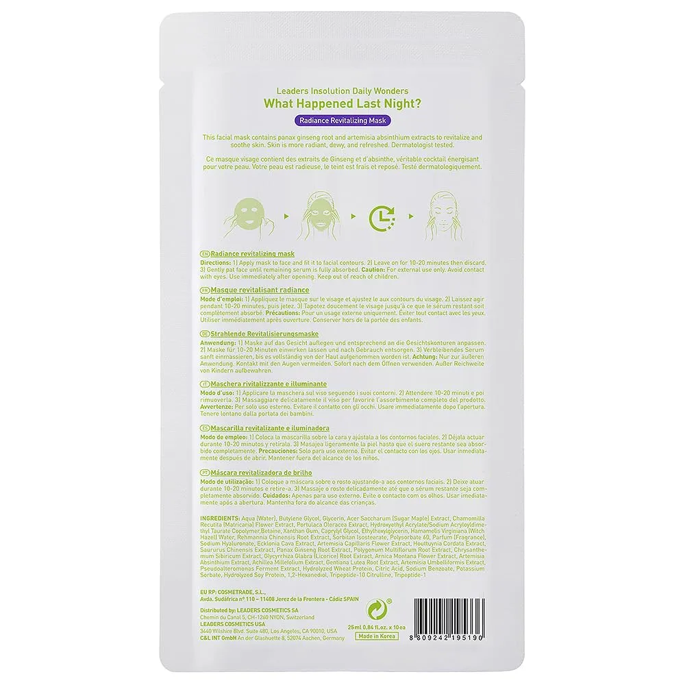 Leaders Insolution Daily Wonders What Happened Last Night? Facial Mask Sheet Radiance Revitalizing Hydrating Korean Skincare (10 Sheets)
