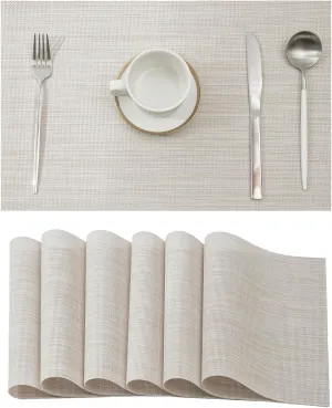 Leetaltree Beige White Placemats Set of 6 - Heat Resistant Non-Slip Place mats for Dining Table, Washable Durable PVC Vinyl Woven Table Mats（Beige White, 6）