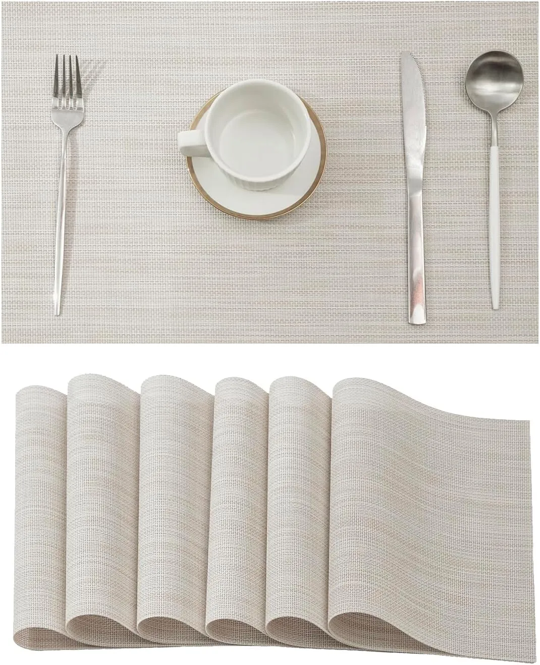 Leetaltree Beige White Placemats Set of 6 - Heat Resistant Non-Slip Place mats for Dining Table, Washable Durable PVC Vinyl Woven Table Mats（Beige White, 6）