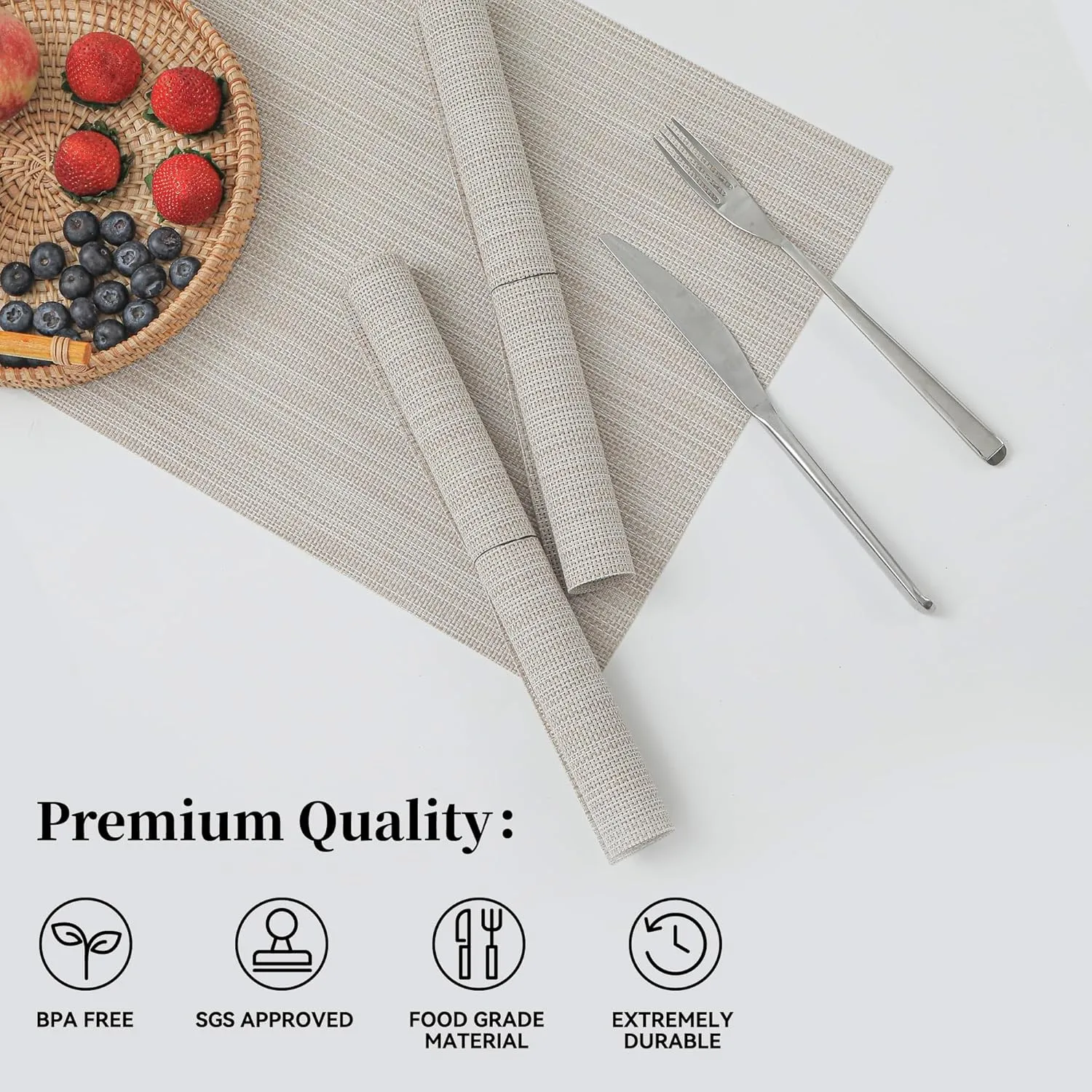 Leetaltree Beige White Placemats Set of 6 - Heat Resistant Non-Slip Place mats for Dining Table, Washable Durable PVC Vinyl Woven Table Mats（Beige White, 6）