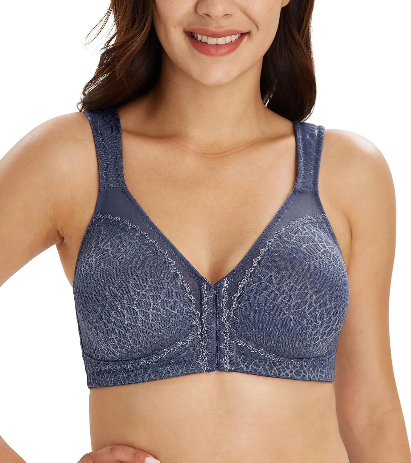 Lemorosy Women's Plus Size Full Coverage Front Closure Posture Back Unpadded Wireless Double Support Minimizer Bra