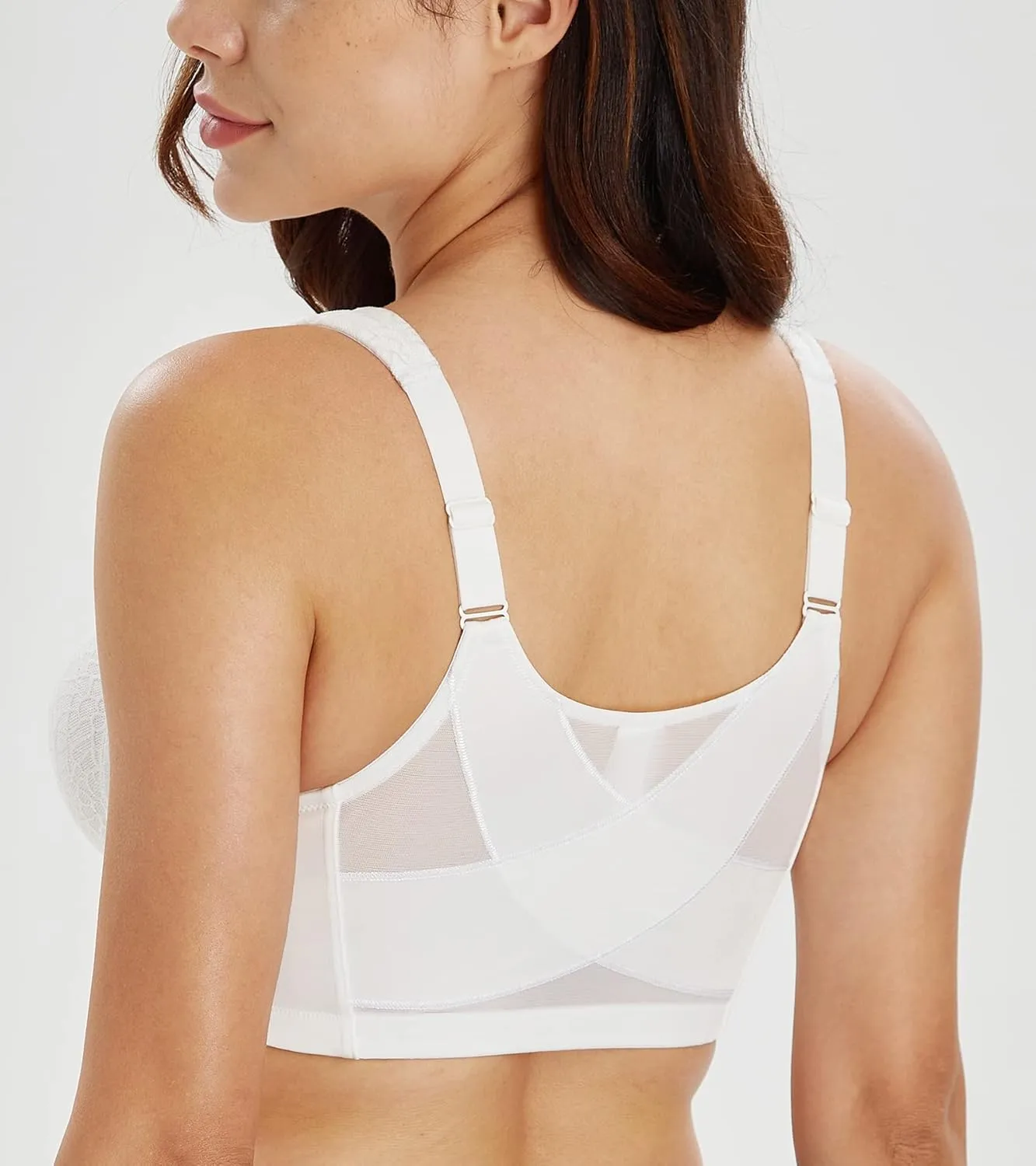 Lemorosy Women's Plus Size Full Coverage Front Closure Posture Back Unpadded Wireless Double Support Minimizer Bra