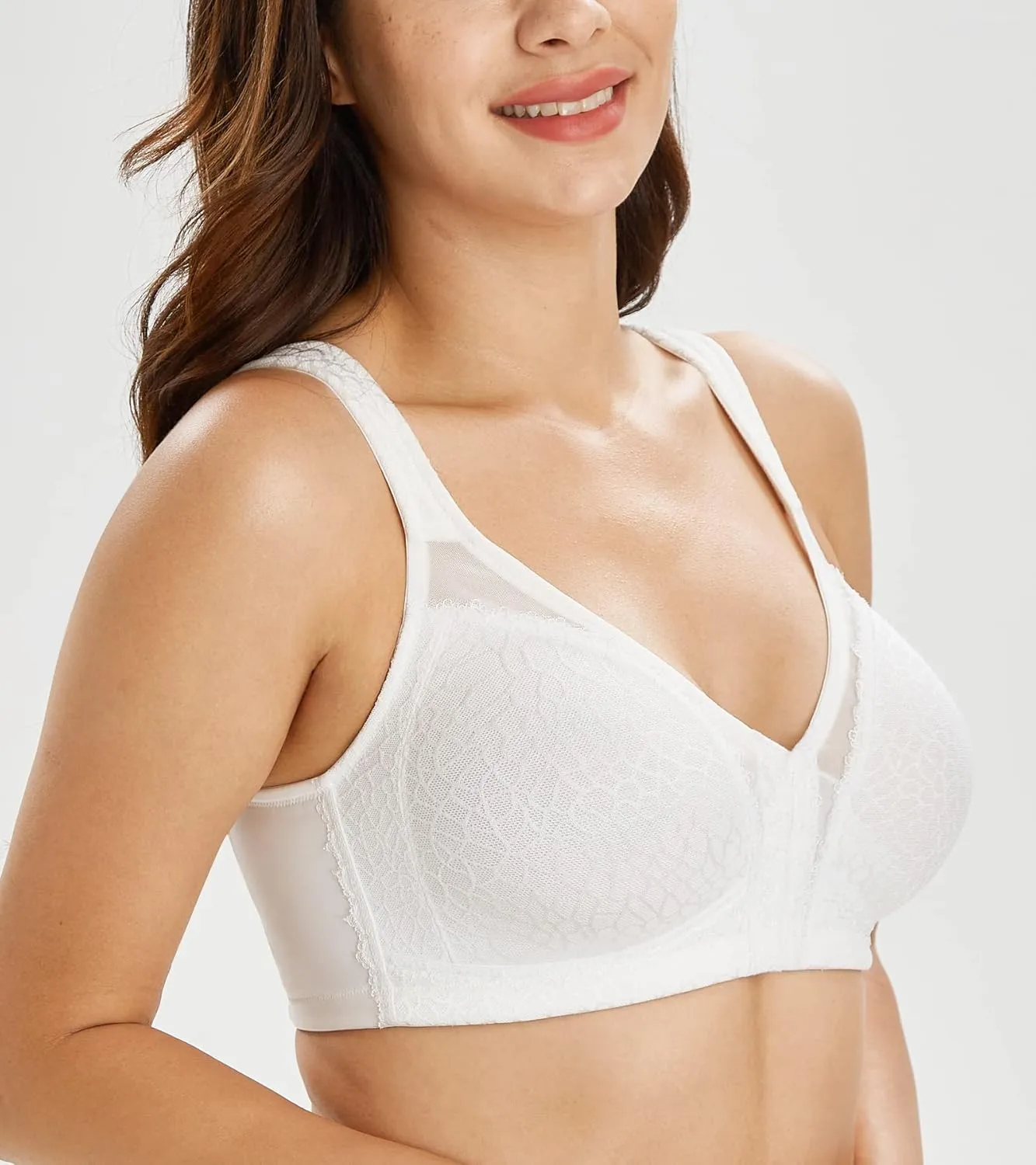 Lemorosy Women's Plus Size Full Coverage Front Closure Posture Back Unpadded Wireless Double Support Minimizer Bra