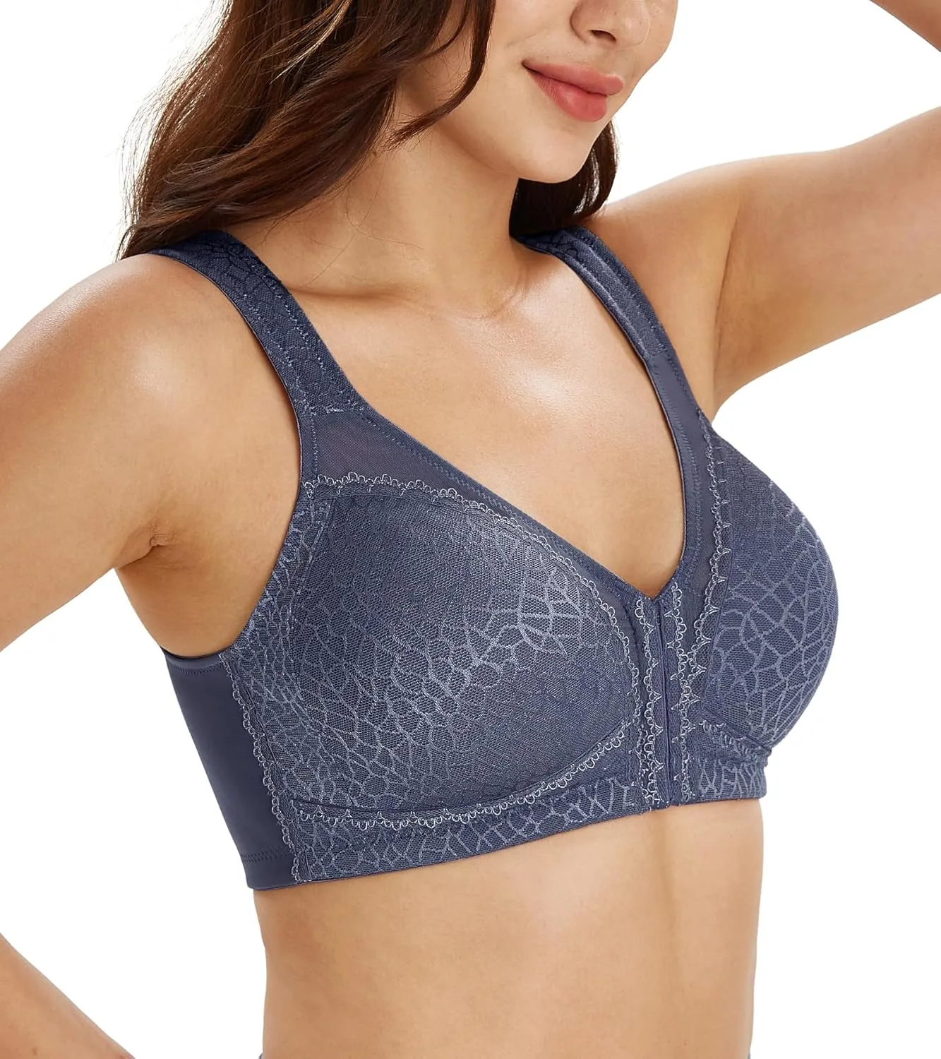 Lemorosy Women's Plus Size Full Coverage Front Closure Posture Back Unpadded Wireless Double Support Minimizer Bra