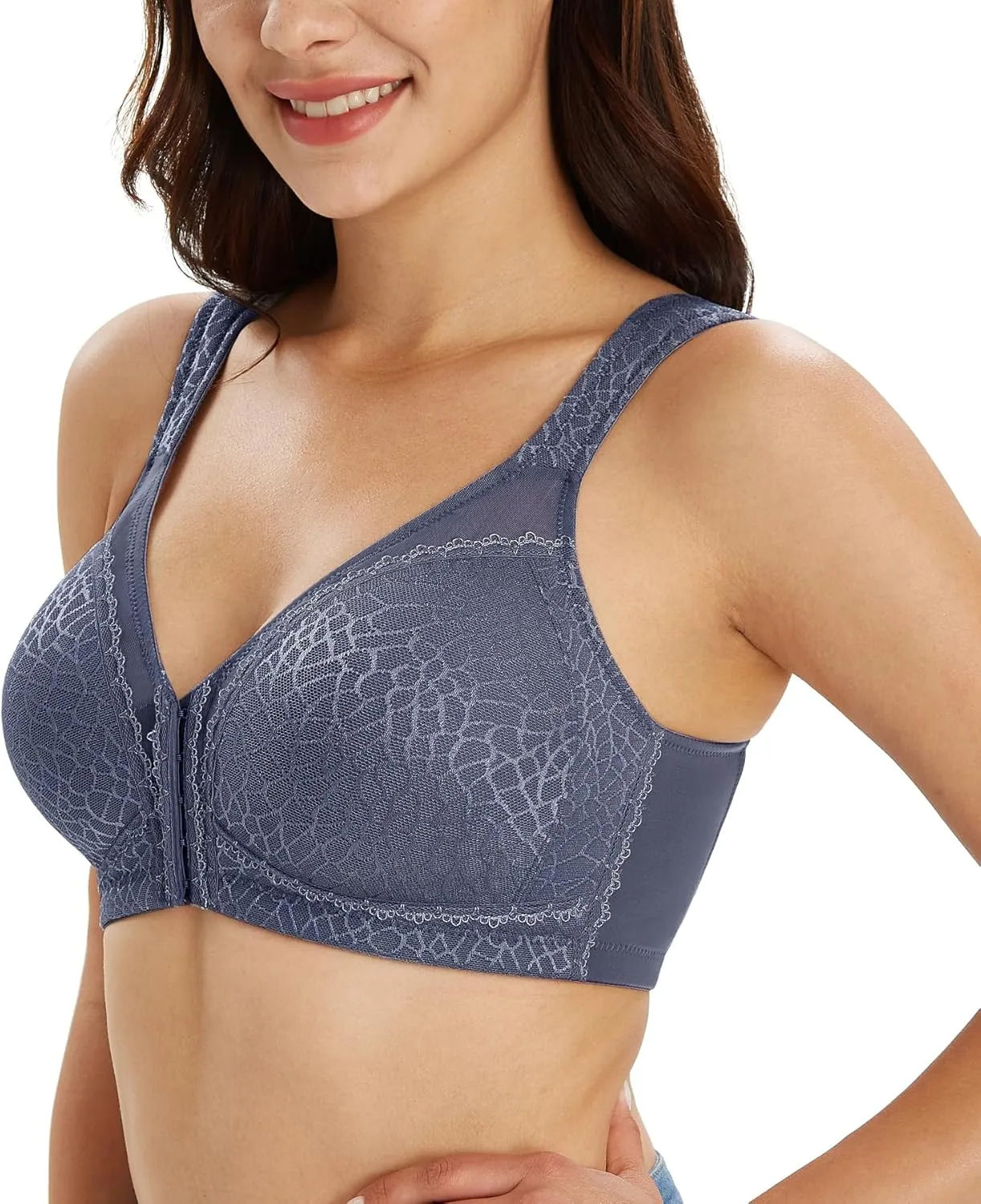 Lemorosy Women's Plus Size Full Coverage Front Closure Posture Back Unpadded Wireless Double Support Minimizer Bra