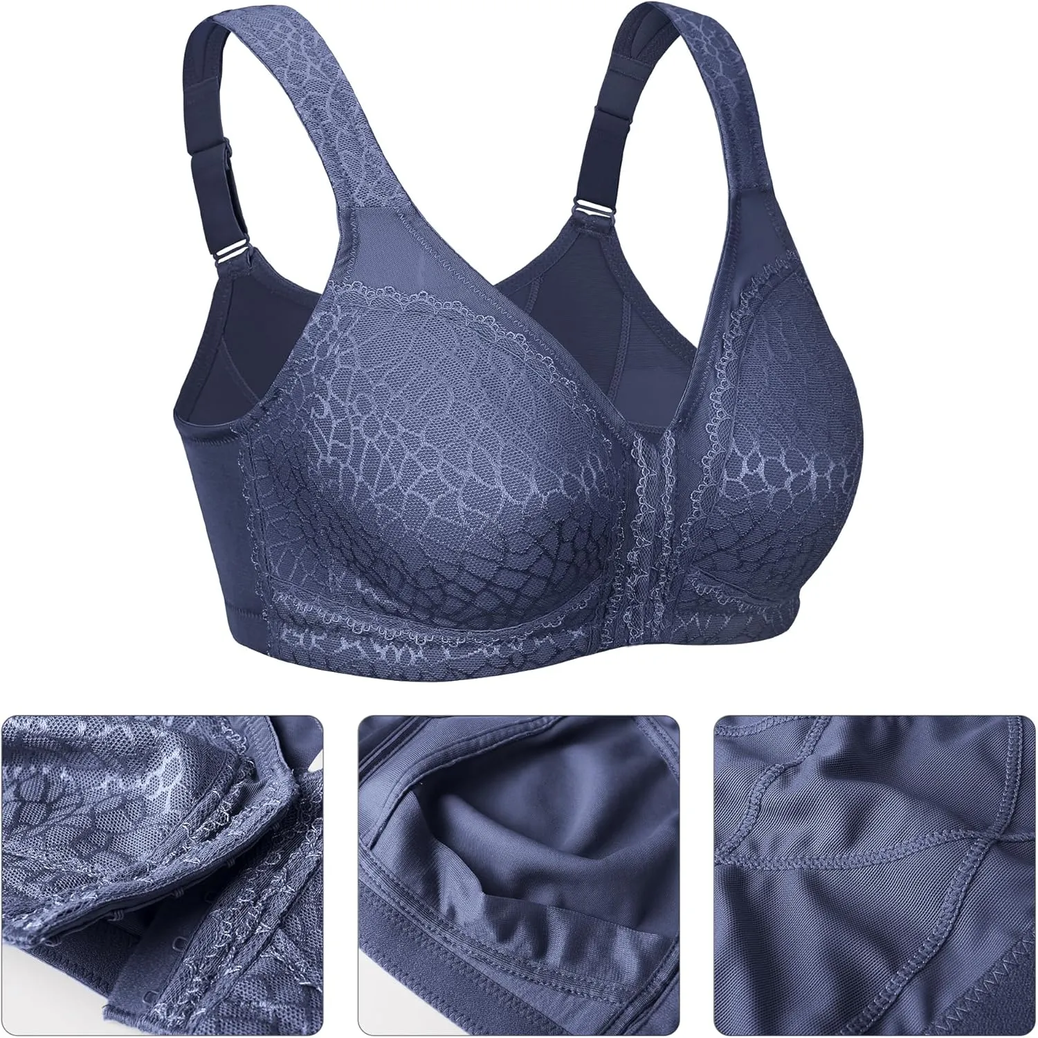 Lemorosy Women's Plus Size Full Coverage Front Closure Posture Back Unpadded Wireless Double Support Minimizer Bra