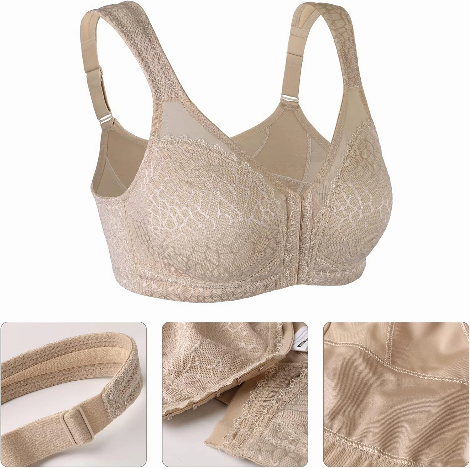 Lemorosy Women's Plus Size Full Coverage Front Closure Posture Back Unpadded Wireless Double Support Minimizer Bra