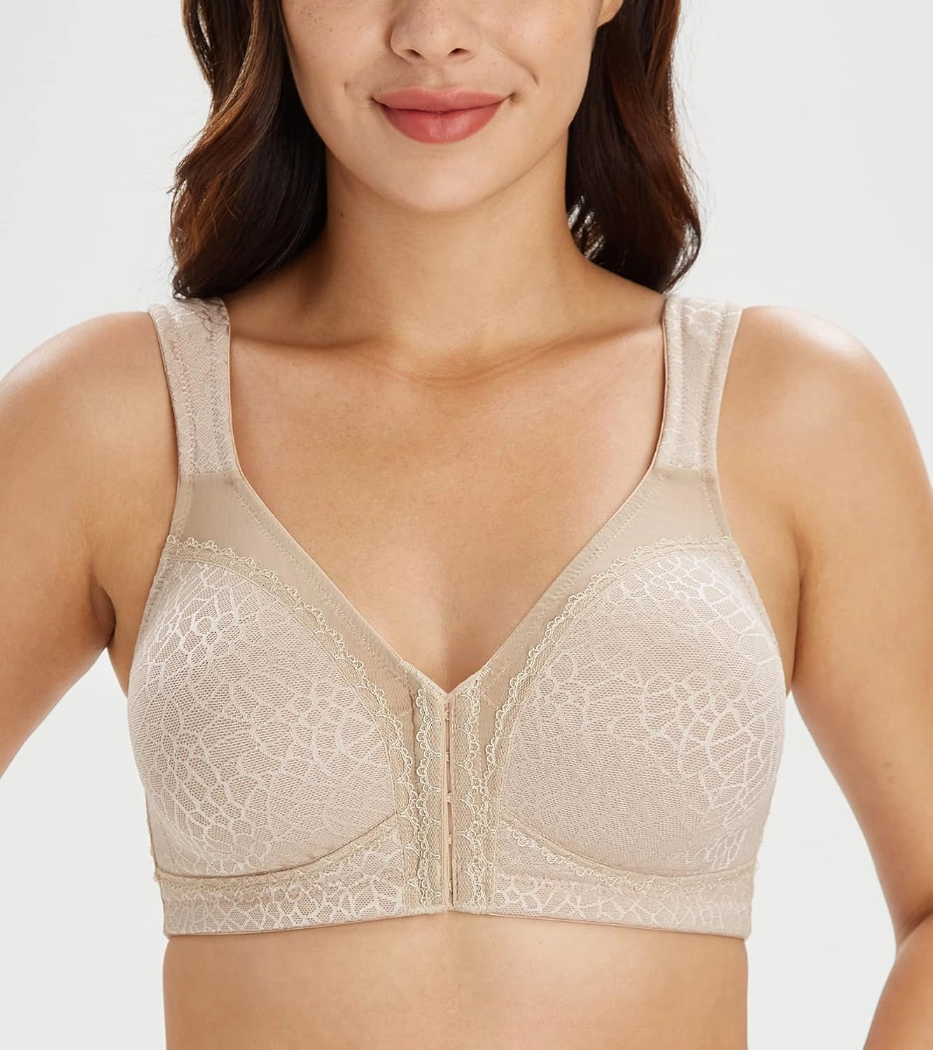 Lemorosy Women's Plus Size Full Coverage Front Closure Posture Back Unpadded Wireless Double Support Minimizer Bra