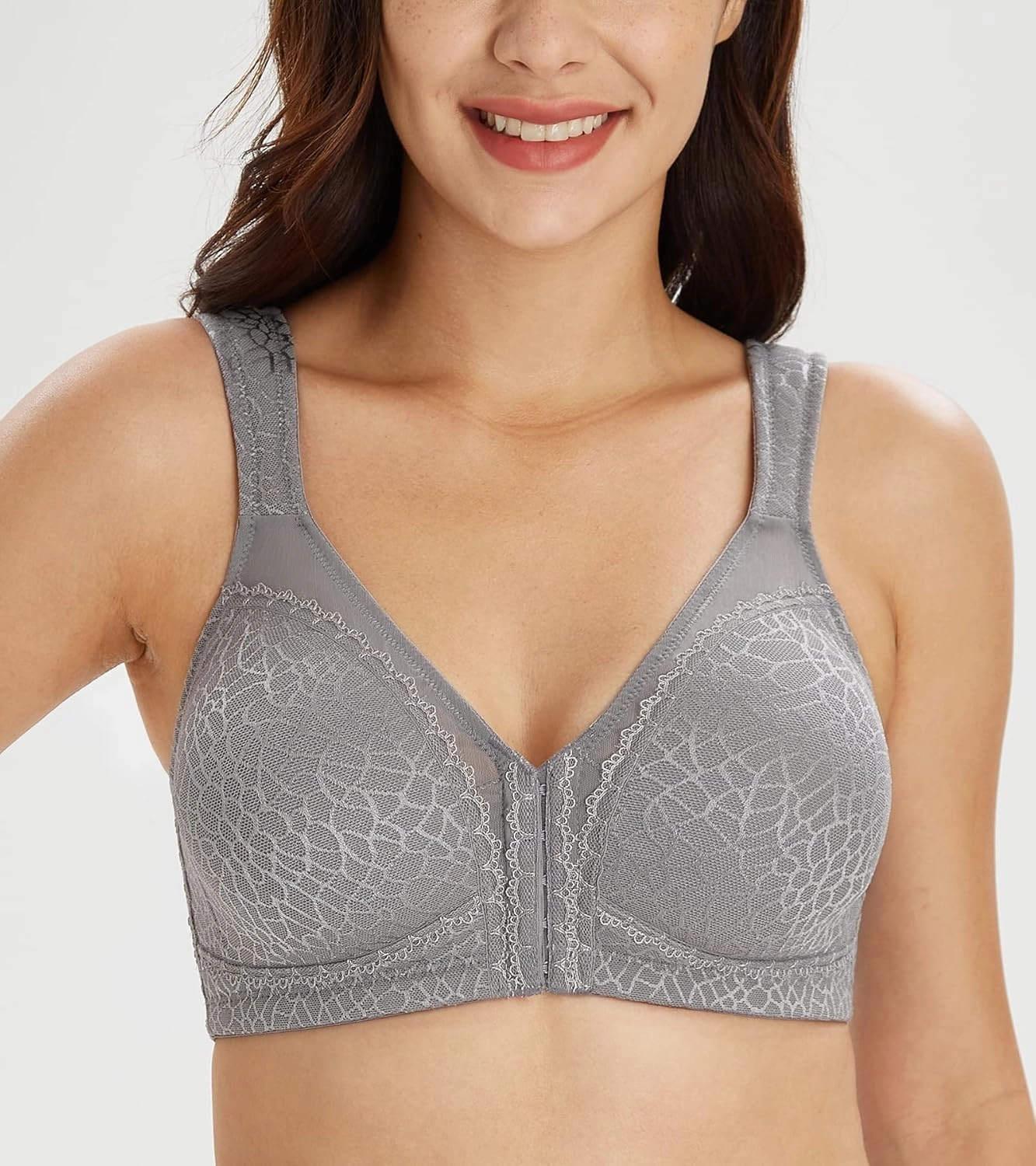 Lemorosy Women's Plus Size Full Coverage Front Closure Posture Back Unpadded Wireless Double Support Minimizer Bra
