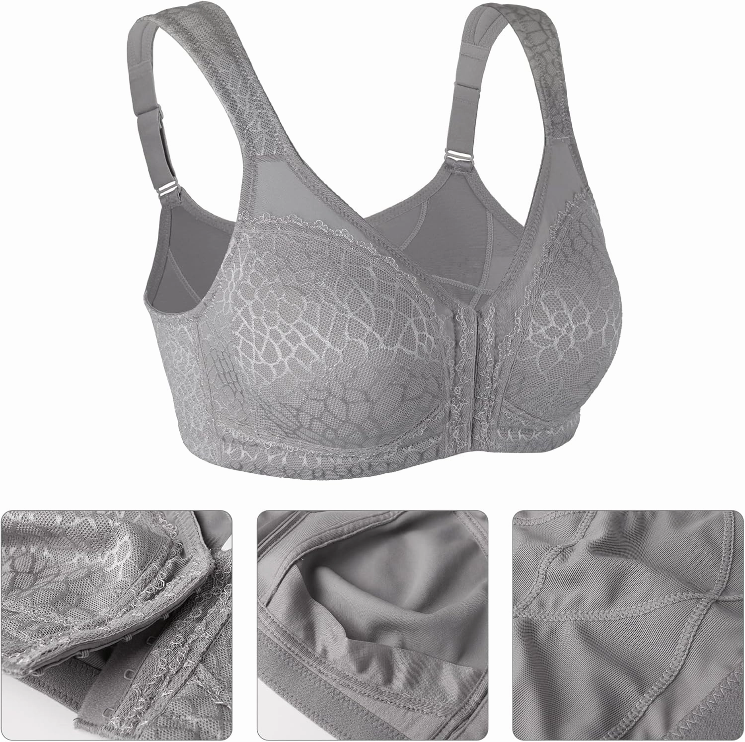 Lemorosy Women's Plus Size Full Coverage Front Closure Posture Back Unpadded Wireless Double Support Minimizer Bra