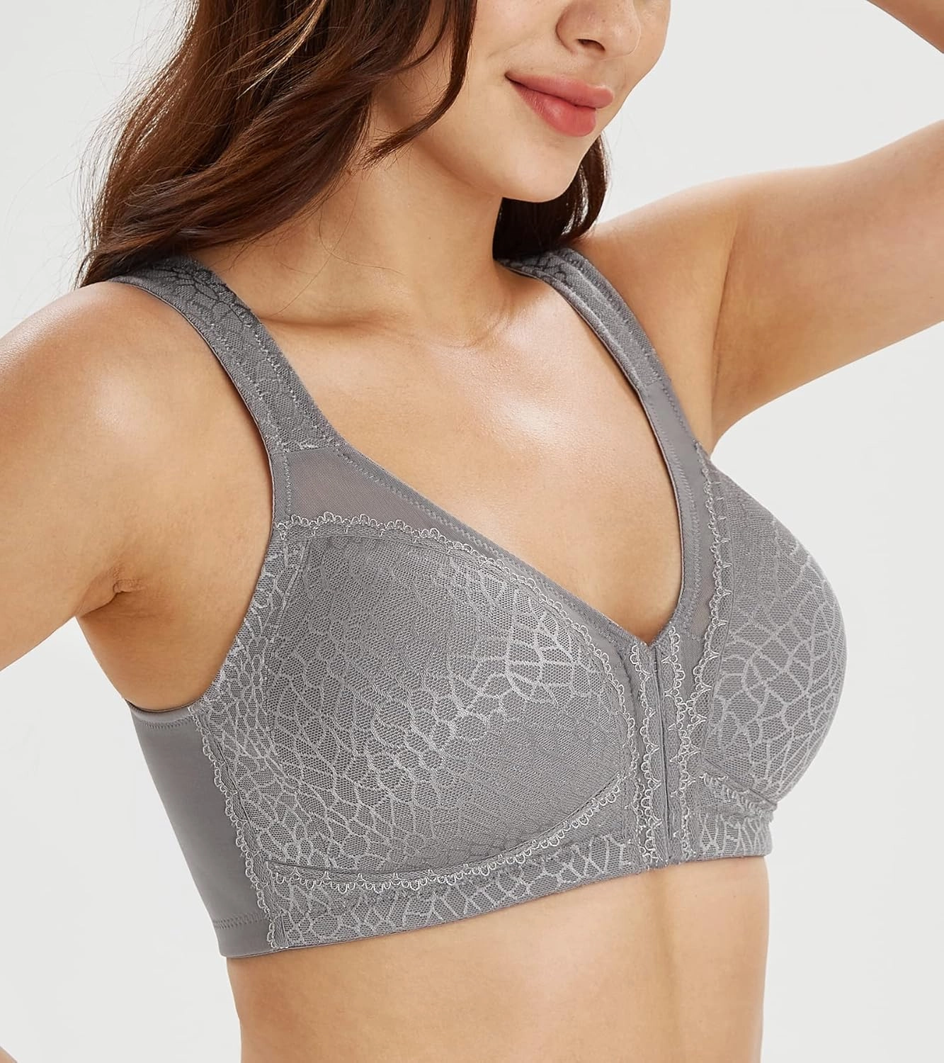 Lemorosy Women's Plus Size Full Coverage Front Closure Posture Back Unpadded Wireless Double Support Minimizer Bra