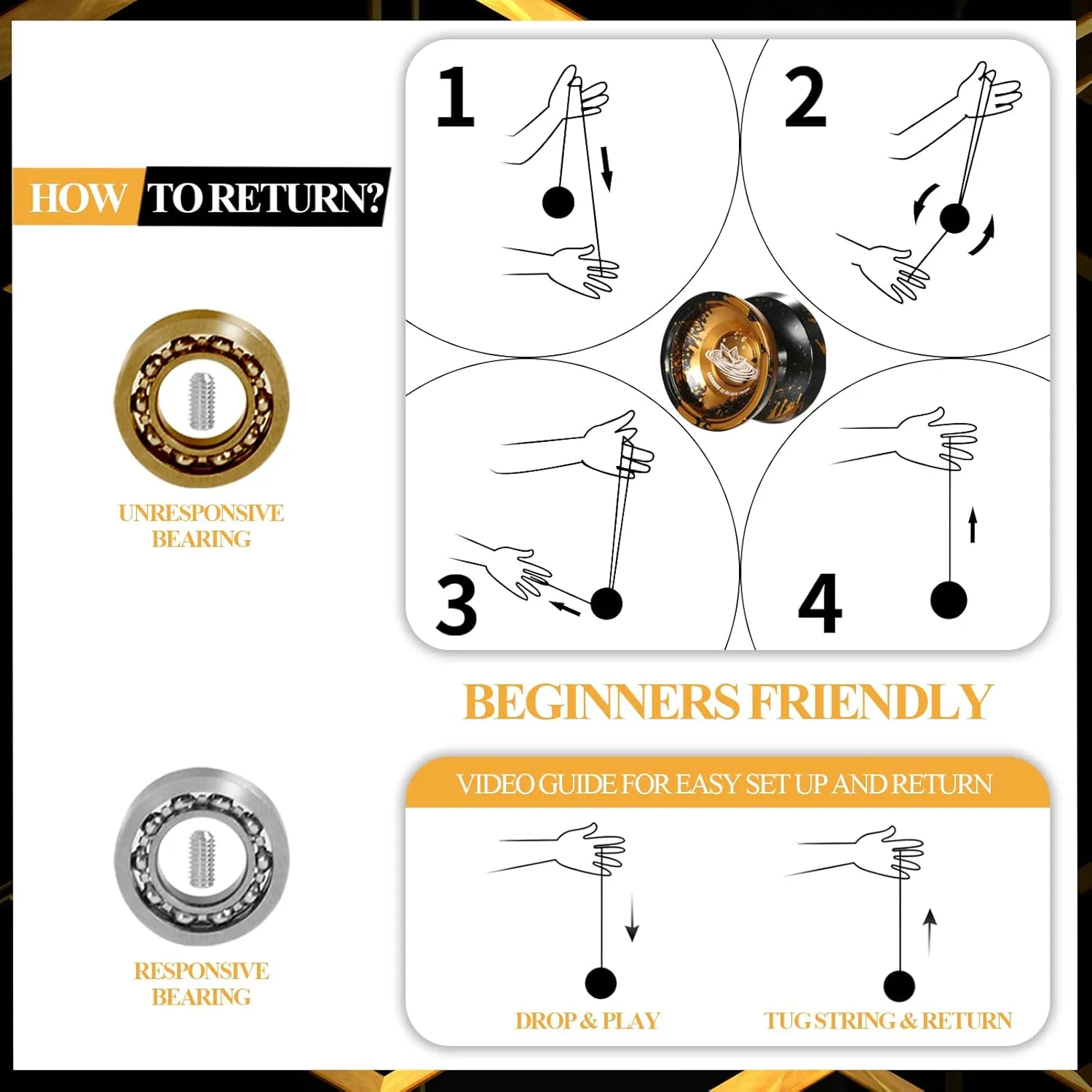 LESHARE X2 Dual-Mode Yoyo for Advanced Players & Kids Beginners - Convertible Unresponsive/Responsive Bearings, Gloves, 5 Strings-Black Gold