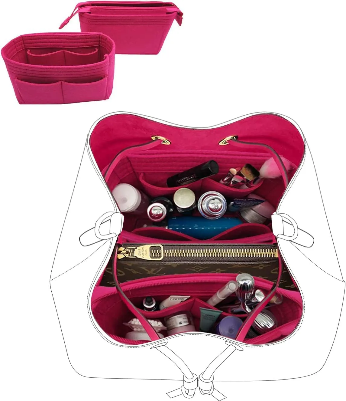 LEXSION Organizer,Bag Organizer,Insert purse organizer with 2 packs in one set fit NeoNoe Noé Series perfectly Rosy