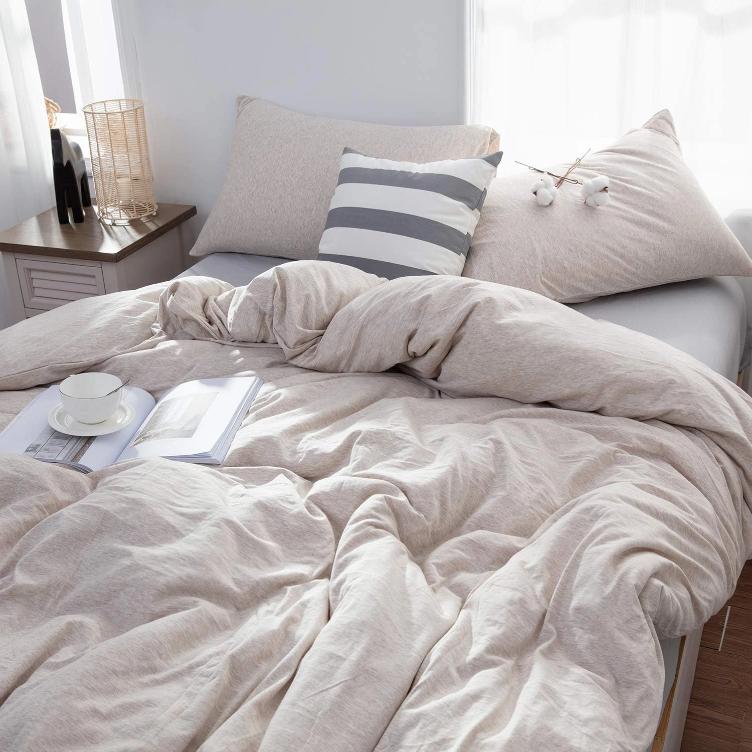 LIFETOWN 100% Jersey Knit Cotton Duvet Cover Set T-Shirt Feel Bedding Set Ultra Soft Wrinkle-Free (Heathered Oatmeal Beige, Queen)