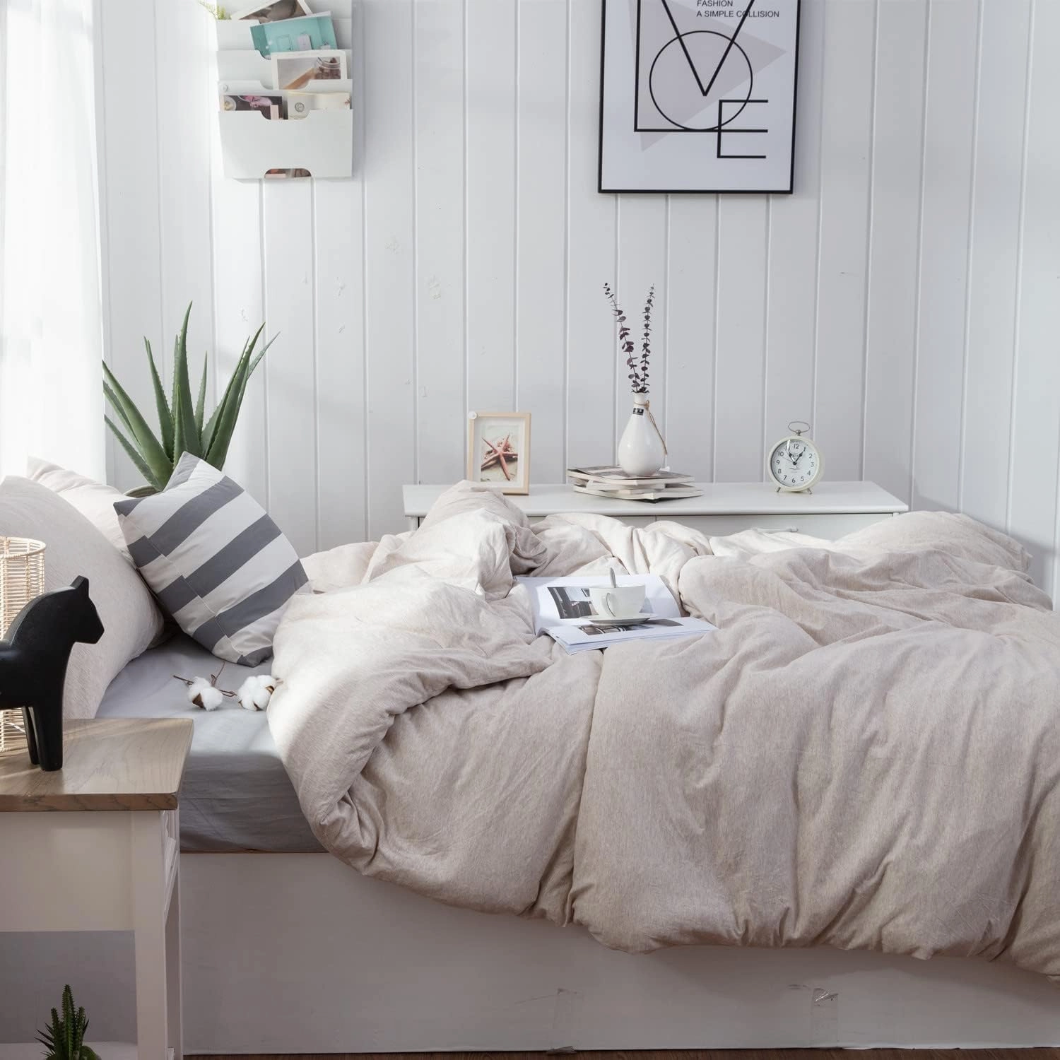 LIFETOWN 100% Jersey Knit Cotton Duvet Cover Set T-Shirt Feel Bedding Set Ultra Soft Wrinkle-Free (Heathered Oatmeal Beige, Queen)