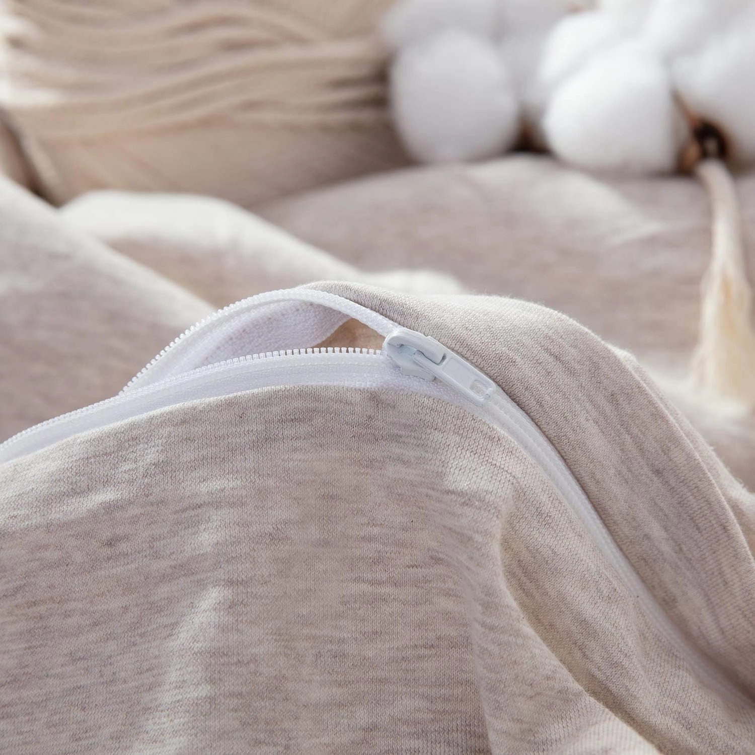 LIFETOWN 100% Jersey Knit Cotton Duvet Cover Set T-Shirt Feel Bedding Set Ultra Soft Wrinkle-Free (Heathered Oatmeal Beige, Queen)