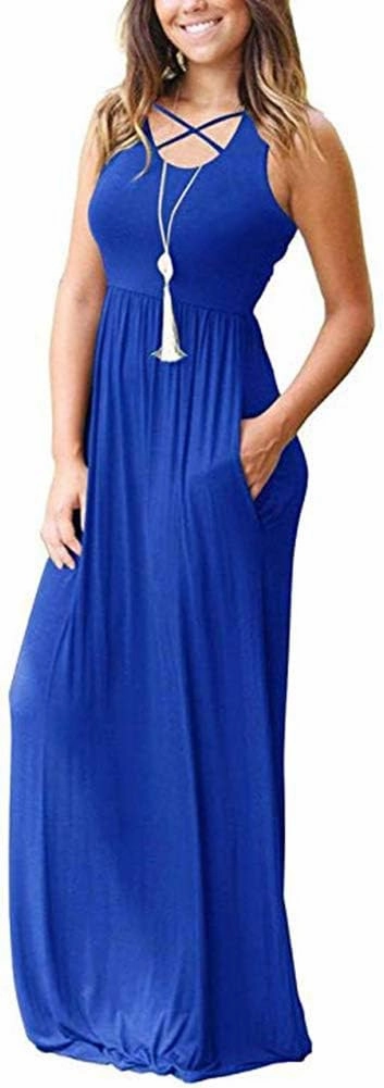 LILBETTER Women's Sleeveless Racerback Loose Plain Maxi Dresses Casual Long Dresses with Pockets