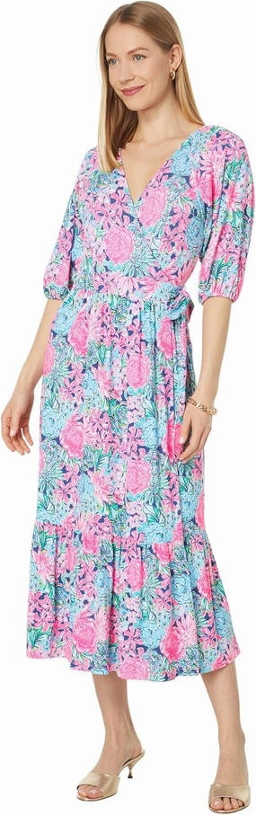 Lilly Pulitzer Brantley Midi Wrap Dress for Women - 100% Cotton, V-Neckline, and Allover Floral Pattern with Tiered Skirt