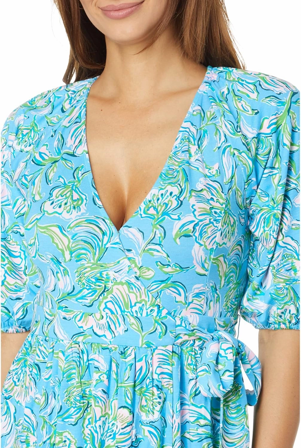 Lilly Pulitzer Brantley Midi Wrap Dress for Women - 100% Cotton, V-Neckline, and Allover Floral Pattern with Tiered Skirt