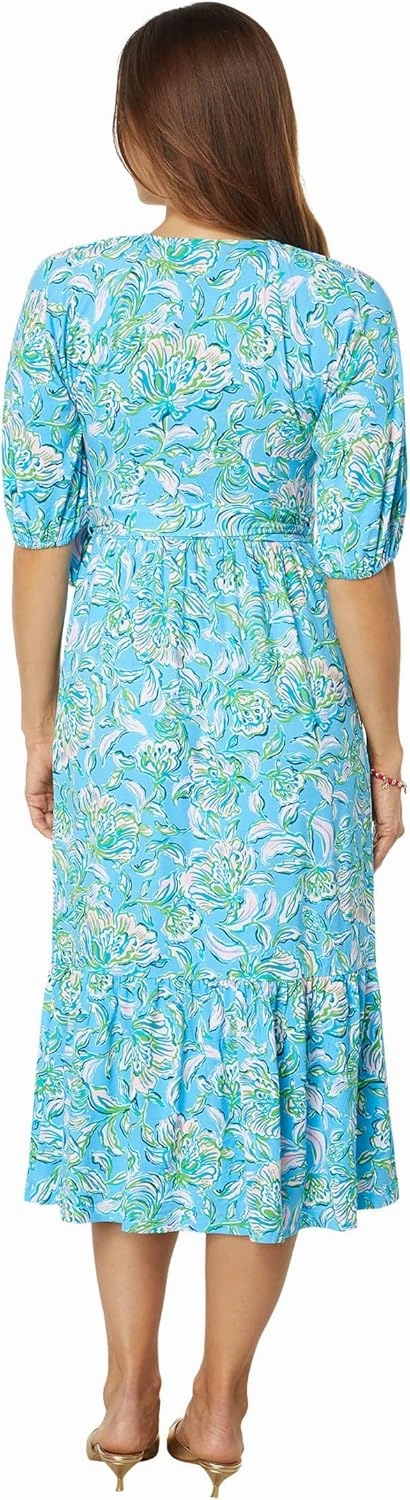 Lilly Pulitzer Brantley Midi Wrap Dress for Women - 100% Cotton, V-Neckline, and Allover Floral Pattern with Tiered Skirt