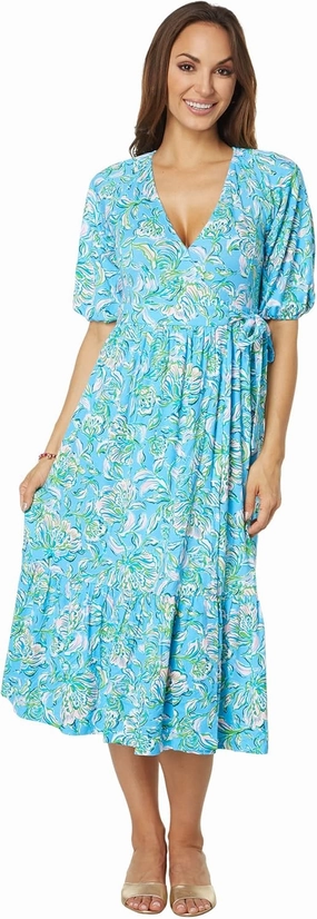 Lilly Pulitzer Brantley Midi Wrap Dress for Women - 100% Cotton, V-Neckline, and Allover Floral Pattern with Tiered Skirt
