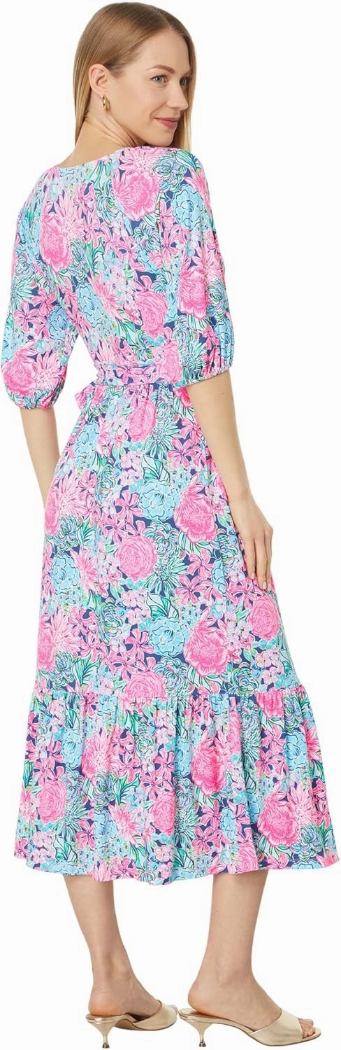 Lilly Pulitzer Brantley Midi Wrap Dress for Women - 100% Cotton, V-Neckline, and Allover Floral Pattern with Tiered Skirt